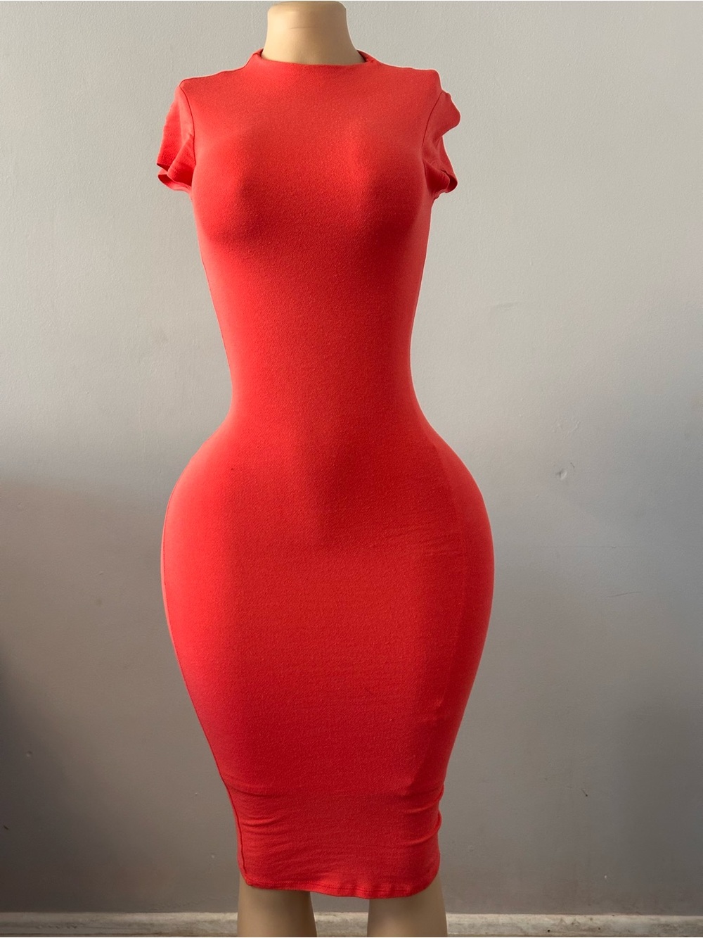 Black Bead Vibrant Red Midi Dress with Short Sleeves